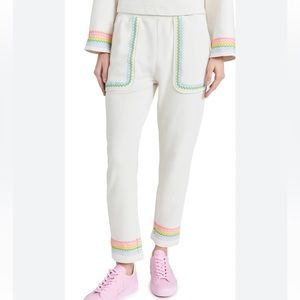 Something navy rainbow striped appliqué embroidered sweatpants